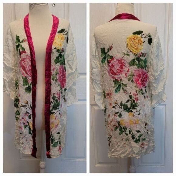 Embroidered Kimono open duster top floral Medium designer boho Soft Surroundings - Picture 1 of 9